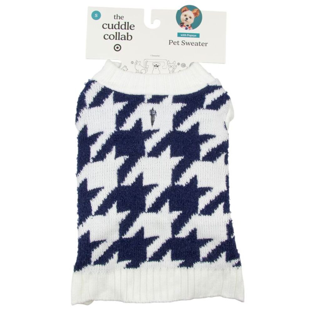 The Cuddle Collab Pet Dog and Cats Sweater Houndstooth in White & Navy, Small
